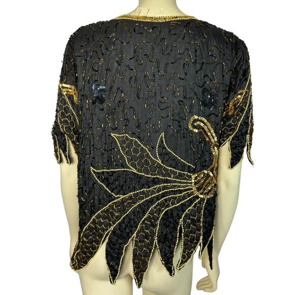 NWT Stunning Vintage silk sequenced beaded black, gold top, skirt set size large - Picture 12 of 17